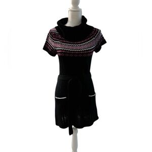 Belle Du Jour Black Knit with Pink and Teal Accents Sweater Dress/Long Sweater